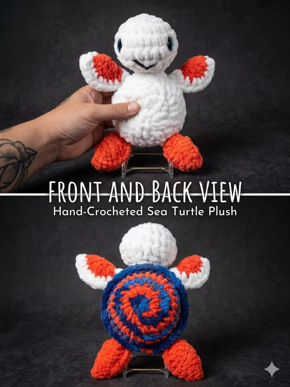 Hand-Crocheted Sea Turtle Plush Toy - White, Orange & Blue